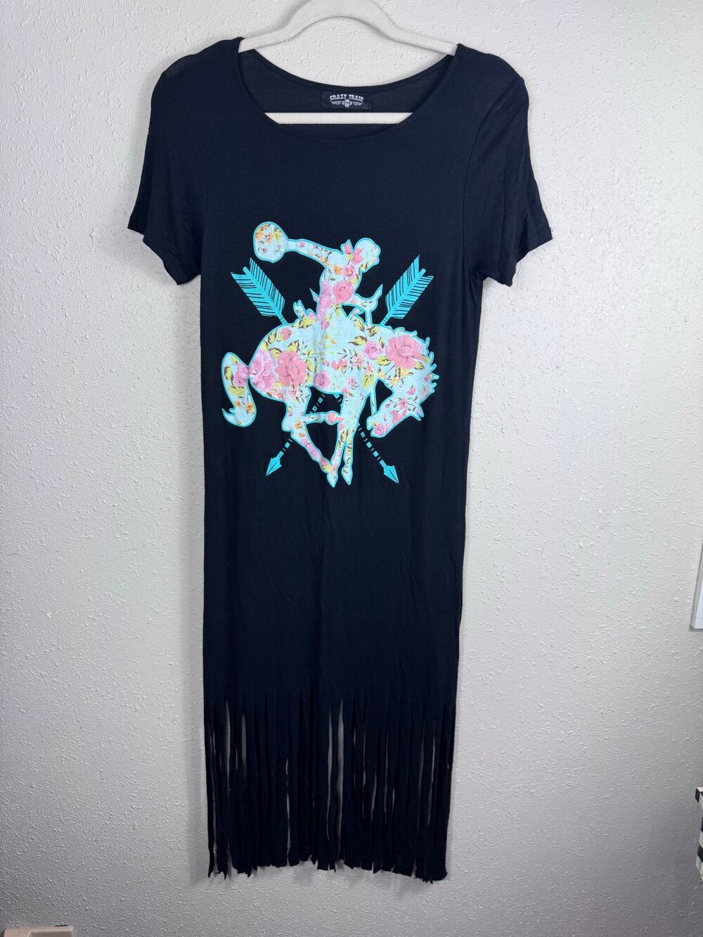 Crazy Train t-shirt floral bronco dress with fringe hem womens size Small